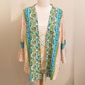 Multiples Animal Floral Print Green Cream Bell Sleeves Open Cardigan Top Size XL